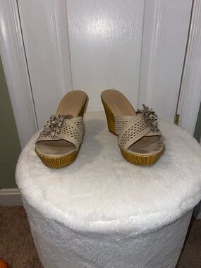 Beige Floral Embellished Wedge Slides